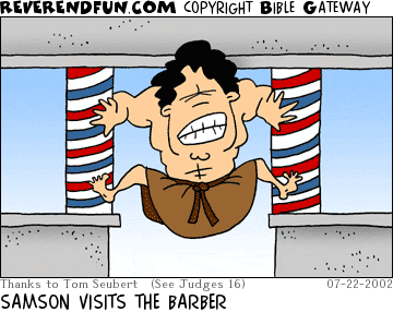 DESCRIPTION: Samson knocking down barber pole style pillars CAPTION: SAMSON VISITS THE BARBER