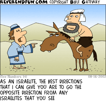 DESCRIPTION: Man talking to a man who is riding a donkey CAPTION: AS AN ISRAELITE, THE BEST DIRECTIONS THAT I CAN GIVE YOU ARE TO GO THE OPPOSITE DIRECTION FROM ANY ISRAELITES THAT YOU SEE