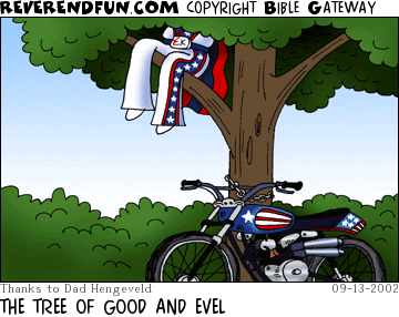 DESCRIPTION: Motorcycle leaning up against a tree, uniformed legs hanging from tree CAPTION: THE TREE OF GOOD AND EVEL