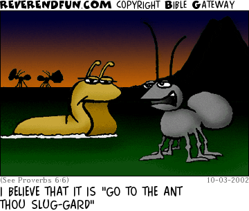 DESCRIPTION: Ant talking to a slug CAPTION: I BELIEVE THAT IT IS "GO TO THE ANT THOU SLUG-GARD"