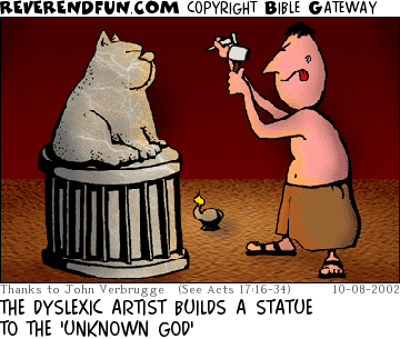 DESCRIPTION: Artist carving a statue of a dog CAPTION: THE DYSLEXIC ARTIST BUILDS A STATUE TO THE 'UNKNOWN GOD'