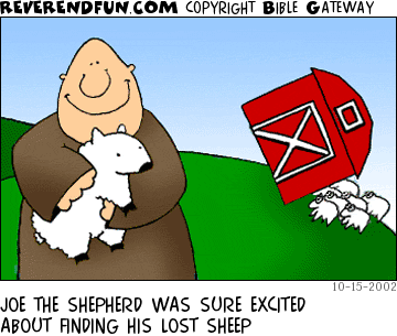 DESCRIPTION: Joe the shepherd standing with a sheep, barn falling on sheep in background CAPTION: JOE THE SHEPHERD WAS SURE EXCITED ABOUT FINDING HIS LOST SHEEP