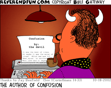 DESCRIPTION: Devil at typewriter CAPTION: THE AUTHOR OF CONFUSION