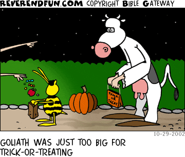 DESCRIPTION: Small and large trick-or-treaters, small getting candy, large getting shunned CAPTION: GOLIATH WAS JUST TOO BIG FOR TRICK-OR-TREATING