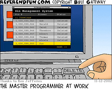 DESCRIPTION: God hitting the delete key on a keyboard.  Screen has list of sins on it CAPTION: THE MASTER PROGRAMMER AT WORK