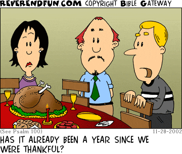 DESCRIPTION: People standing around a table CAPTION: HAS IT ALREADY BEEN A YEAR SINCE WE WERE THANKFUL?