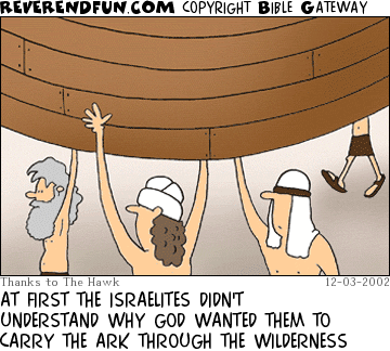 DESCRIPTION: People carring Noah's Ark CAPTION: AT FIRST THE ISRAELITES DIDN'T UNDERSTAND WHY GOD WANTED THEM TO CARRY THE ARK THROUGH THE WILDERNESS