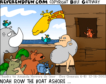 DESCRIPTION: Animals singing to Noah on the ark CAPTION: NOAH ROW THE BOAT ASHORE ...