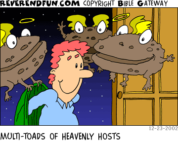 DESCRIPTION: Flying toads acting as hosts for a guest CAPTION: MULTI-TOADS OF HEAVENLY HOSTS