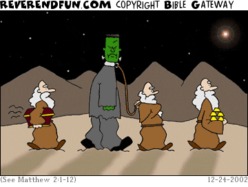 DESCRIPTION: Three wise men walking with Frankenstein's monster in addition to other gifts CAPTION: 