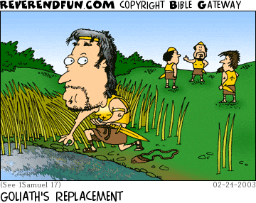 DESCRIPTION: Man kneeling down and getting pebbles out of water CAPTION: GOLIATH'S REPLACEMENT