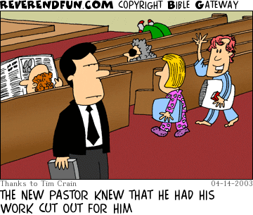 DESCRIPTION: Pastor standing in the back of a church, pillow-carrying people arriving in pajamas  CAPTION: THE NEW PASTOR KNEW THAT HE HAD HIS WORK CUT OUT FOR HIM