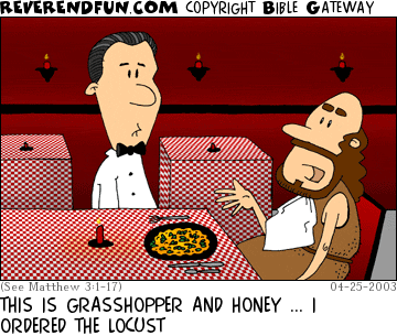 DESCRIPTION: Man in restaurant dicussing his dinner with the waiter CAPTION: THIS IS GRASSHOPPER AND HONEY ... I ORDERED THE LOCUST