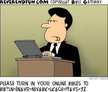 DESCRIPTION: Pastor standing at pulpit CAPTION: PLEASE TURN IN YOUR ONLINE BIBLES TO BIB?LN=EN&VR=NIV&BK=LK&CH=19&VS=32