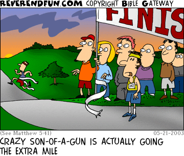 DESCRIPTION: People at finish line, runner running past and continuing on CAPTION: CRAZY SON-OF-A-GUN IS ACTUALLY GOING THE EXTRA MILE