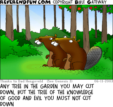 DESCRIPTION: Two beavers in a garden, looking up CAPTION: ANY TREE IN THE GARDEN YOU MAY CUT DOWN, BUT THE TREE OF THE KNOWLEDGE OF GOOD AND EVIL YOU MUST NOT CUT DOWN