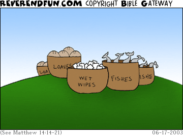 DESCRIPTION: Baskets of fish, loaves, and wet wipes CAPTION: 