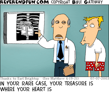 DESCRIPTION: Doctor and patient looking at xray that has a treasure chest in the middle of a ribcage CAPTION: IN YOUR RARE CASE, YOUR TREASURE IS WHERE YOUR HEART IS