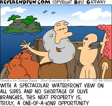 DESCRIPTION: Noah describing a piece of land to others CAPTION: WITH A SPECTACULAR WATERFRONT VIEW ON ALL SIDES AND NO SHORTAGE OF OLIVE BRANCHES, THIS NEXT PROPERTY IS, TRULY, A ONE-OF-A-KIND OPPORTUNITY