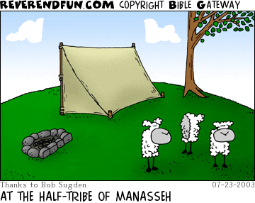 DESCRIPTION: half at tent, half of three sheep, half a tree, and half of clouds CAPTION: AT THE HALF-TRIBE OF MANASSEH