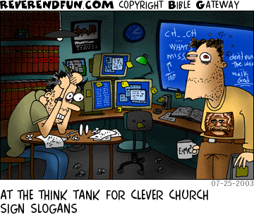 DESCRIPTION: Two stressed out men with paperwork and computers around CAPTION: AT THE THINK TANK FOR CLEVER CHURCH SIGN SLOGANS
