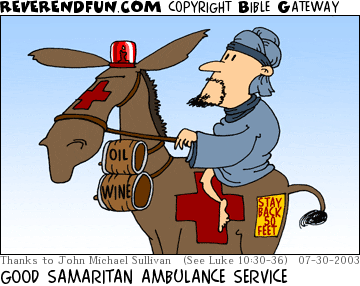 DESCRIPTION: Man on donkey.  Donkey has a siren, oil, wine, and  red crosses CAPTION: GOOD SAMARITAN AMBULANCE SERVICE