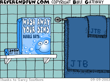 DESCRIPTION: Two towels with &quot;jtb&quot; on them next to &quot;Wash away your sins bubble bath&quot; CAPTION: 