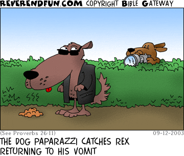 DESCRIPTION: Dog by vomit, other dog hiding in bushes with camera CAPTION: THE DOG PAPARAZZI CATCHES REX RETURNING TO HIS VOMIT