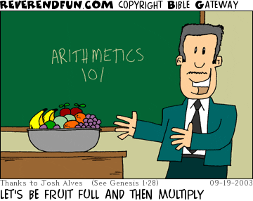 DESCRIPTION: Teacher pointing to a bunch of  fruit CAPTION: LET'S BE FRUIT FULL AND THEN MULTIPLY