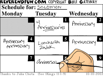 DESCRIPTION: Hand filling in Solomon's calendar with many anniversary dates CAPTION: 