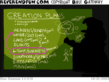 DESCRIPTION: Blackboard with creation plans on it, illuminated by a flashlight. Plans on board show light being moved up higher on list. CAPTION: 