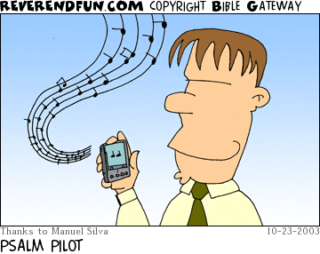 DESCRIPTION: Guy with handheld device that has music coming out of it. CAPTION: PSALM PILOT