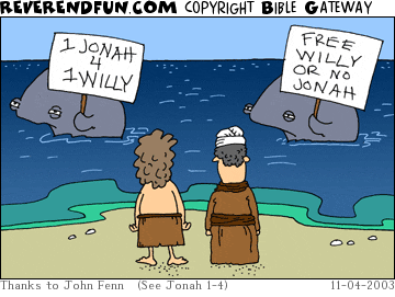 DESCRIPTION: Two whales picketing with signs asking for the release of Willy in return for Jonah CAPTION: 