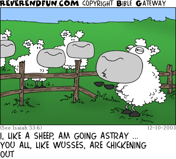 DESCRIPTION: Sheep taunting the herd from across a fence CAPTION: I, LIKE A SHEEP, AM GOING ASTRAY ... YOU ALL, LIKE WUSSES, ARE CHICKENING OUT