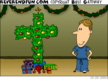 DESCRIPTION: Man looking at cross-shaped tree CAPTION: 