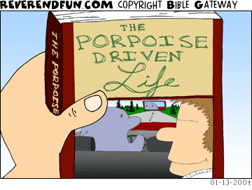 DESCRIPTION: Book titled 'Porpoise Driven Life' with illustration of porpoise driving a car CAPTION: 