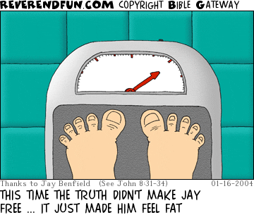DESCRIPTION: Feet standing on a scale CAPTION: THIS TIME THE TRUTH DIDN'T MAKE JAY FREE ... IT JUST MADE HIM FEEL FAT