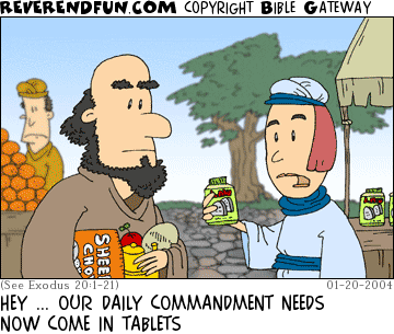 DESCRIPTION: Two shoppers at the market looking at goods CAPTION: HEY ... OUR DAILY COMMANDMENT NEEDS NOW COME IN TABLETS
