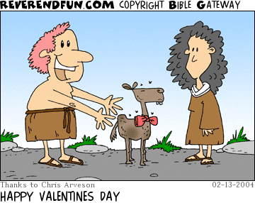 DESCRIPTION: Man presenting a goat to a woman CAPTION: HAPPY VALENTINES DAY
