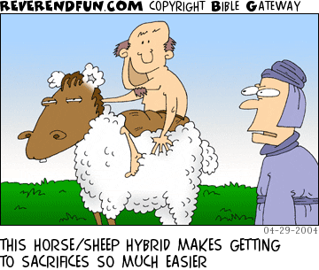 DESCRIPTION: Man riding a horse/sheep hybrid and talking to another man CAPTION: THIS HORSE/SHEEP HYBRID MAKES GETTING TO SACRIFICES SO MUCH EASIER