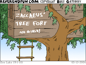 DESCRIPTION: Zacchaeus' treehouse with writing on it  CAPTION: 