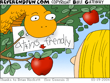 DESCRIPTION: Serpent holding 'atkins friendly' sign above apple CAPTION: 