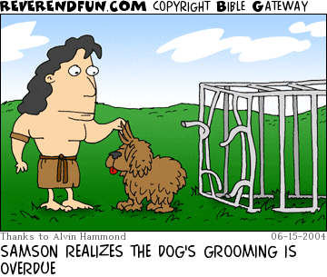 DESCRIPTION: Samson check dog's fur length, cage in background is torn up CAPTION: SAMSON REALIZES THE DOG'S GROOMING IS OVERDUE