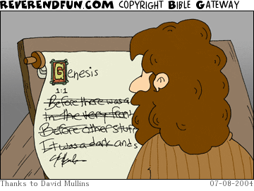 DESCRIPTION: Moses working on beginning of Genesis.  Writer's block is an issue CAPTION: 