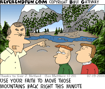 DESCRIPTION: Man addressing kids, mountains moved in background CAPTION: USE YOUR FAITH TO MOVE THOSE MOUNTAINS BACK RIGHT THIS MINUTE