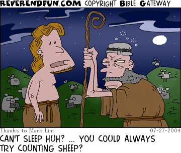 DESCRIPTION: Man talking to a shepherd, sheep in background CAPTION: CAN'T SLEEP HUH? ... YOU COULD ALWAYS TRY COUNTING SHEEP?