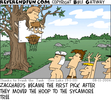 DESCRIPTION: Zaccaeus dropping a basketball through a hoop from a tree, others looking on CAPTION: ZACCHAEUS BECAME THE FIRST PICK AFTER THEY MOVED THE HOOP TO THE SYCAMORE TREE