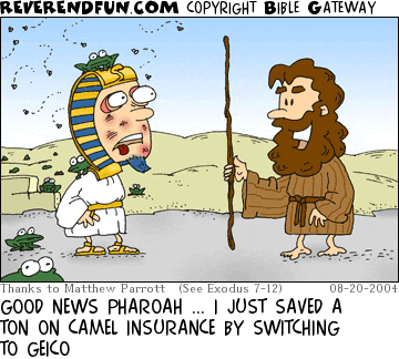 DESCRIPTION: Moses talking to a plague-ridden Pharoah CAPTION: GOOD NEWS PHAROAH ... I JUST SAVED A TON ON CAMEL INSURANCE BY SWITCHING TO GEICO
