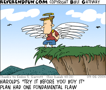 DESCRIPTION: Man standing on the top of a cliff with wings and a halo strapped on CAPTION: HAROLD'S "TRY IT BEFORE YOU BUY IT" PLAN HAD ONE FUNDAMENTAL FLAW