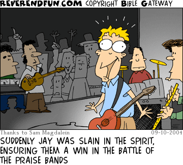DESCRIPTION: Band member with wild look on his face in front of crowd CAPTION: SUDDENLY JAY WAS SLAIN IN THE SPIRIT, ENSURING THEM A WIN IN THE BATTLE OF THE PRAISE BANDS